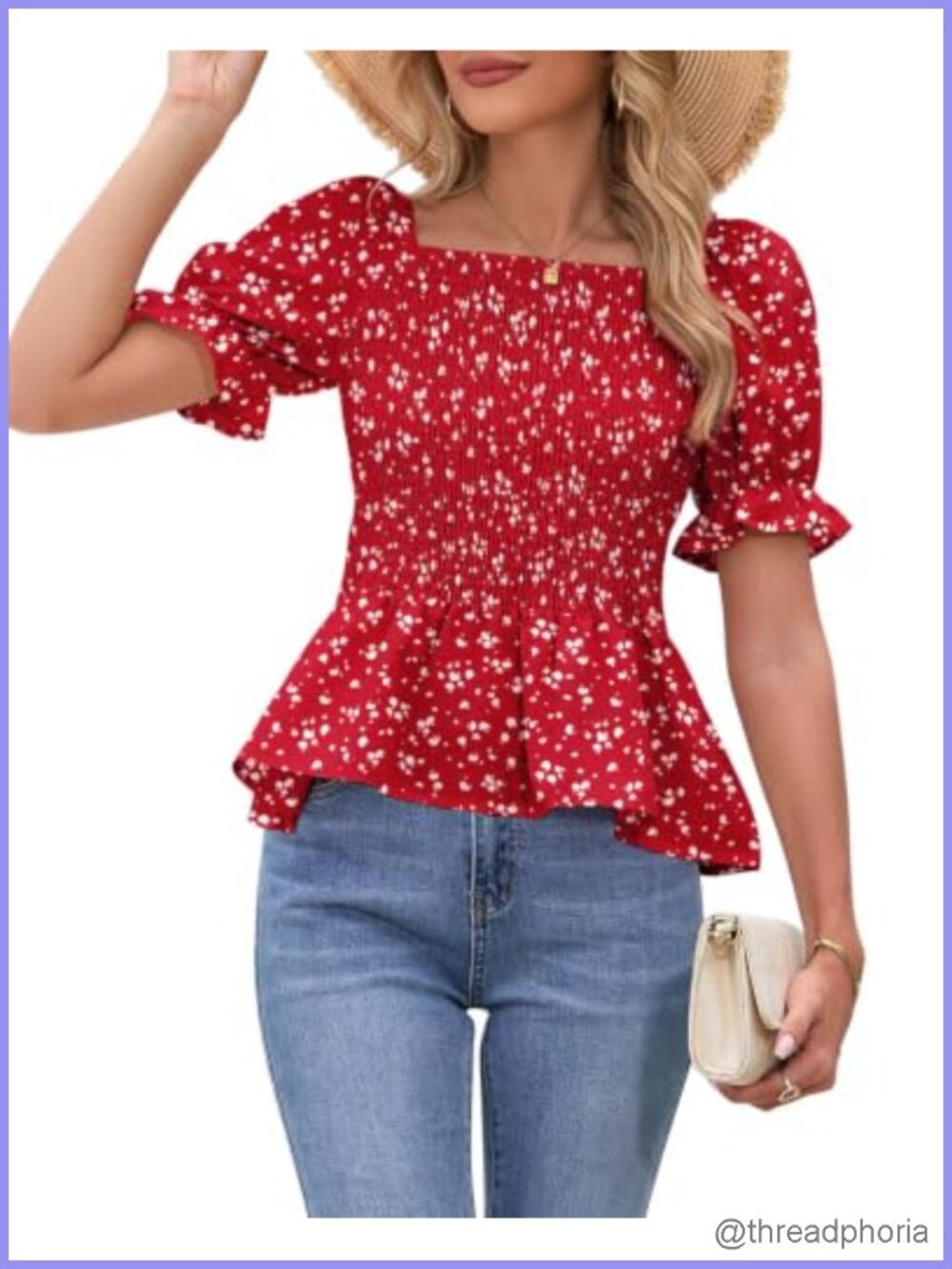 Womens Puff Sleeve Square Neck Babydoll Peplum Blouse Floral Summer Loose Fit